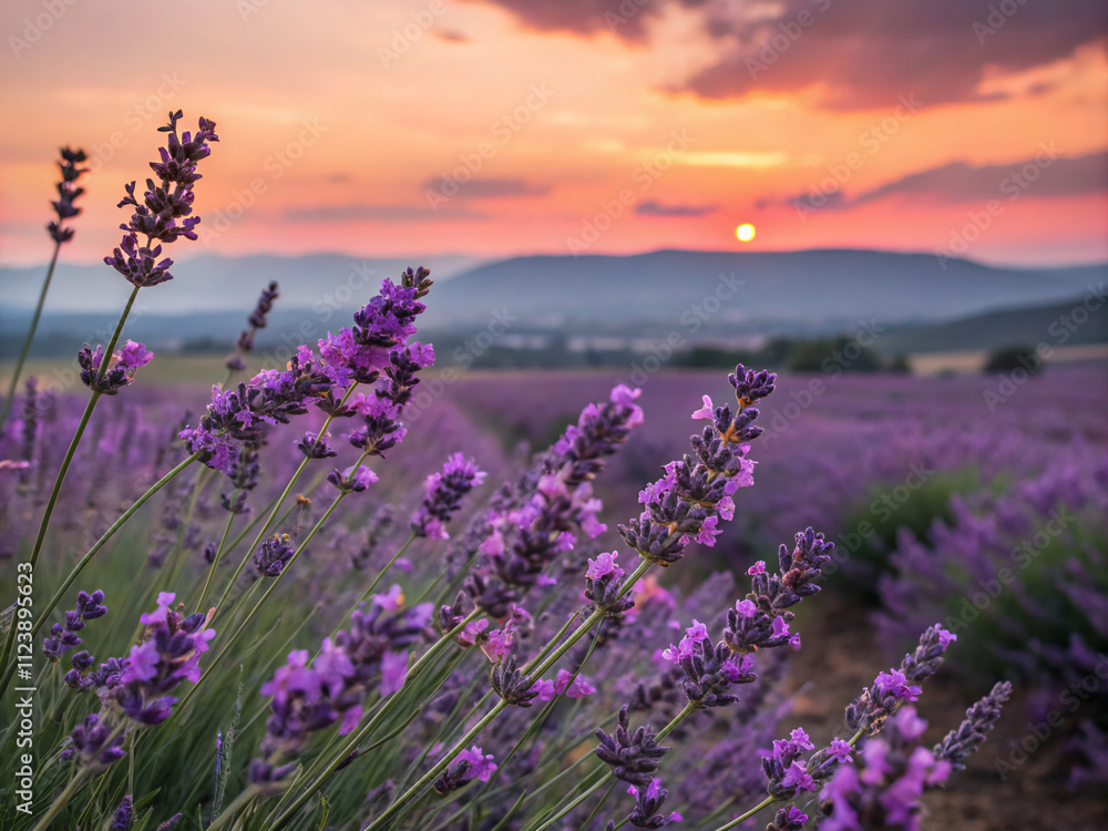 Fototapeta premium lavender field at sunset. lavender, flower, nature, purple, field, plant, flowers, summer, garden, herb, violet, meadow, blossom, landscape, aroma, bloom, color, agriculture, provence, beauty, farm, h