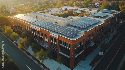 Solar panel installation on commercial building urban area aerial view