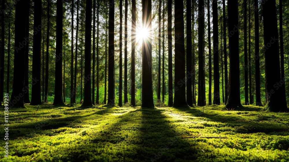 Obraz premium Sunlight filters through tall trees in a serene forest, creating a peaceful atmosphere.