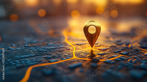Wallpaper Mural 3D location pin icon on the map, with an orange glow around the lights, depth of field, bokeh effect, blurry background Torontodigital.ca