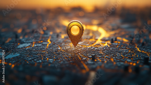 Wallpaper Mural 3D location pin icon on the map, with an orange glow around the lights, depth of field, bokeh effect, blurry background Torontodigital.ca