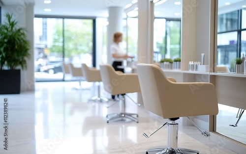 Modern hair salon interior with empty chairs.