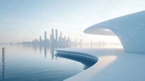 3D render of a white concrete landscape with calm water and a skyline in the background generative AI photo