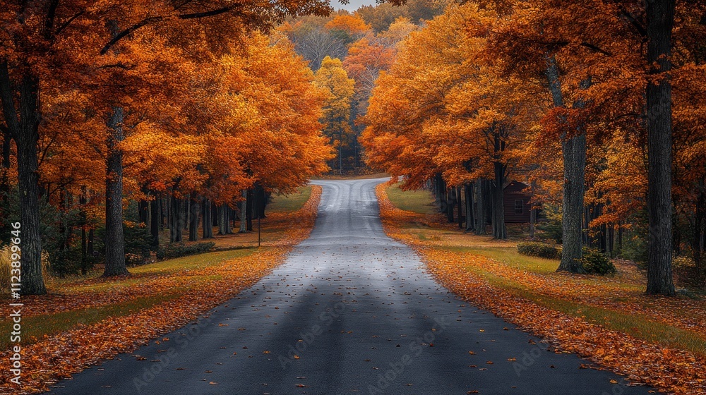 Obraz premium A serene autumn road lined with vibrant orange and yellow trees.