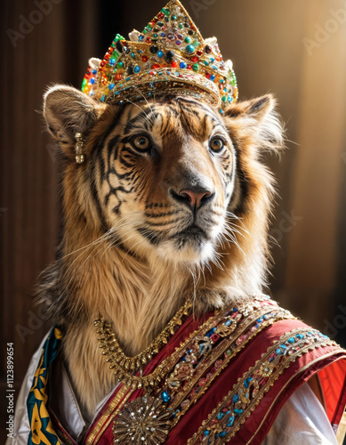 Portrait of majestic regal anthropomorphic female tigress dressed as medieval Asian queen with golden crown with colorful jewels, traditional royal attire in baroque and antique style atmosphere.	