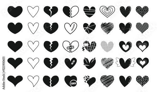 Black heart shape icon clipart set. Heart drawing, outline, sketch, silhouette, scribble and sketch clip art collection. Vector illustration flat love icon elements. 
