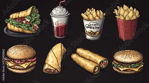 Collection of hand-drawn fast food illustrations burgers, wraps, fries, and soda. photo