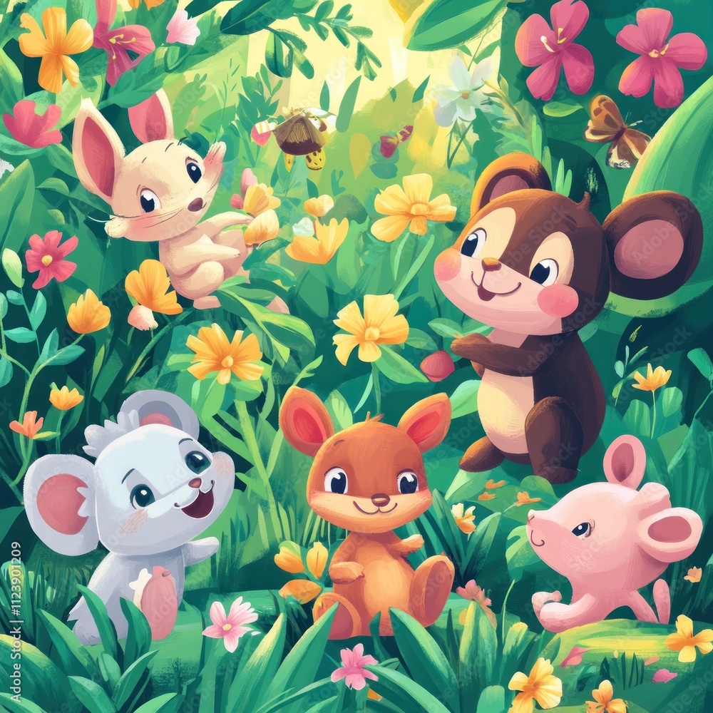 Naklejka premium Adorable animal friends playing in vibrant flowers.