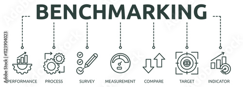 Printbenchmarking outline banner icon of performance, process, survey, measurement, compare, target, indicator