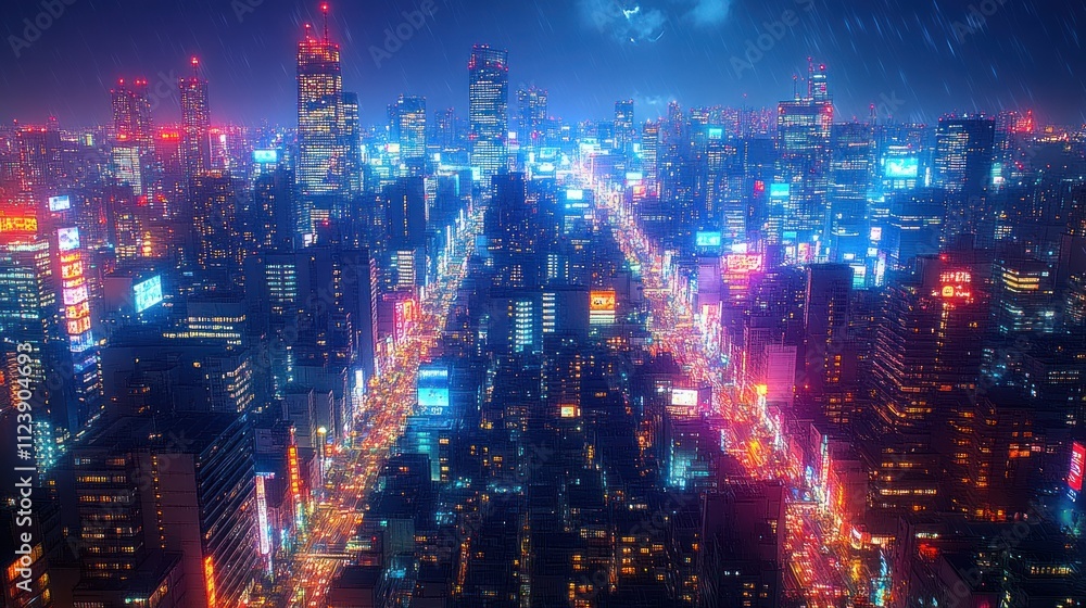 Fototapeta premium A vibrant cityscape illuminated by neon lights at night.