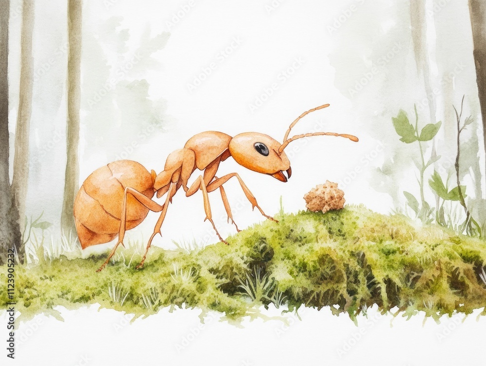 Naklejka premium Whimsical watercolor of a tiny ant carrying a small crumb over a lush mossy forest floor showcasing the intricate details and vibrant colors of this fantastical microcosm