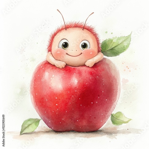 Adorable watercolor of a baby caterpillar curling up on a vibrant red apple in an orchard setting showcasing a whimsical and playful energy with its vibrant colors and charming character design photo