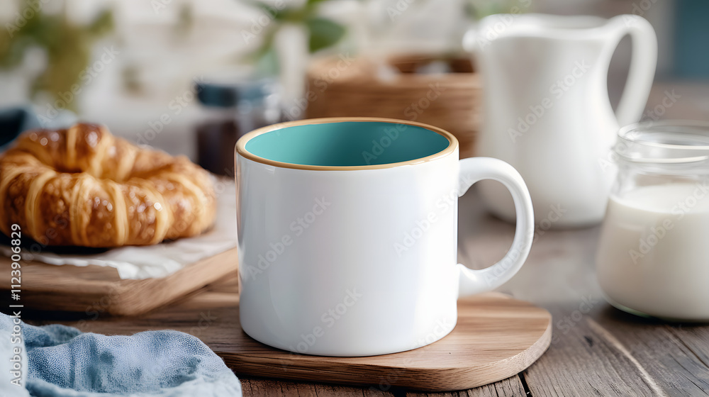 Fototapeta premium Simple White Coffee Mug on Wooden Table for mockup