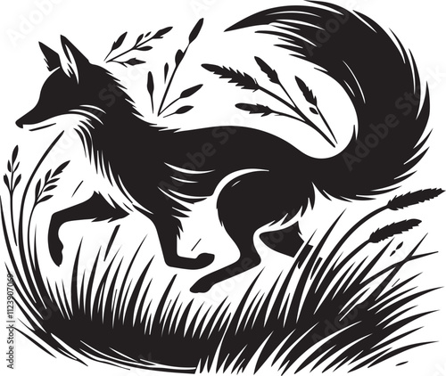 A fox silhouette running through tall grass with its body low and sleek vector