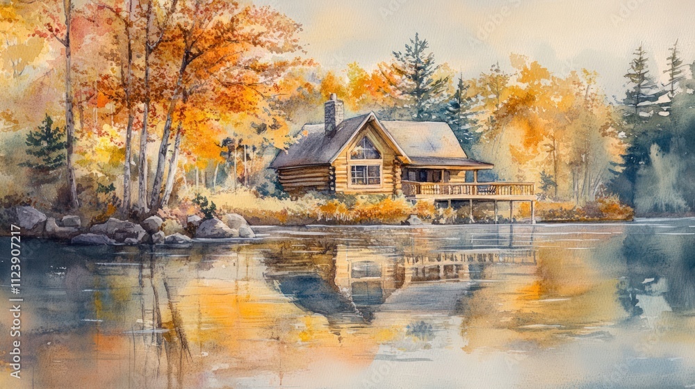Fototapeta premium Autumnal log cabin reflected in calm lake.