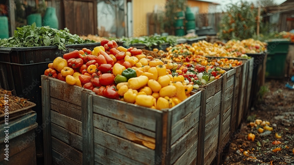 Obraz premium Colorful peppers and tomatoes overflowing from rustic wooden crates at an outdoor farm setting.
