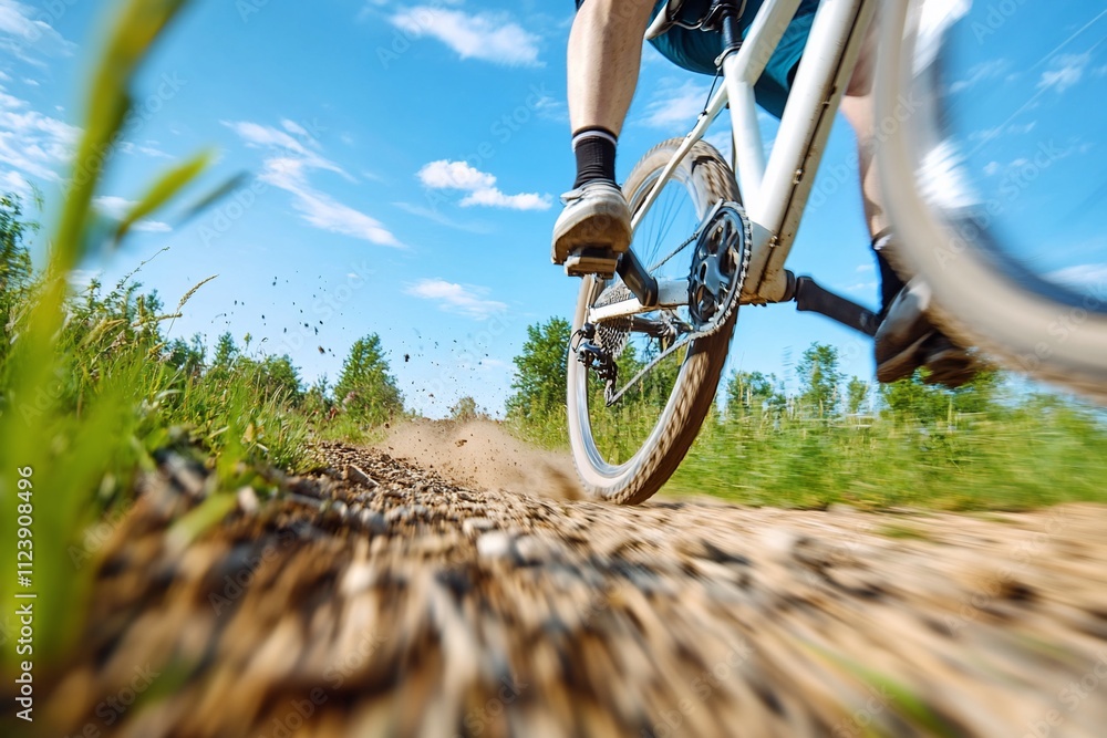 Naklejka premium Cyclist riding gravel bike on dirt road.