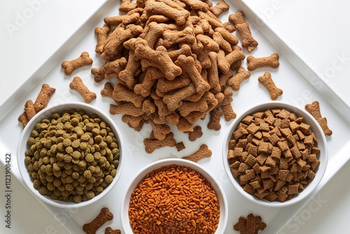 Delectable Dry Dog Biscuits Piled in a Bright White Space, Top ViewDelicious Dry Cat Food Displayed on a Shining White Platform from Above photo