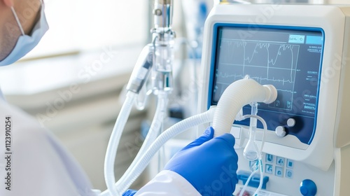 A clinical pulmonologist performing pulmonary function tests in a respiratory clinic, with pulmonary function testing equipment and respiratory care setting visible, Pulmonology style photo