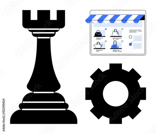 Chess rook for strategy, e-commerce store page, and gear symbolizing settings. Ideal for business strategy, online shopping, web design, digital marketing, system management, tech solutions