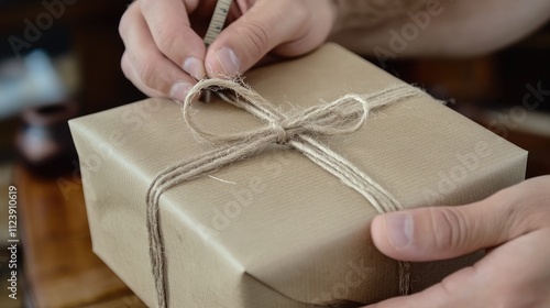 Hands Tying String Around Brown Gift Box with Natural Craft Paper