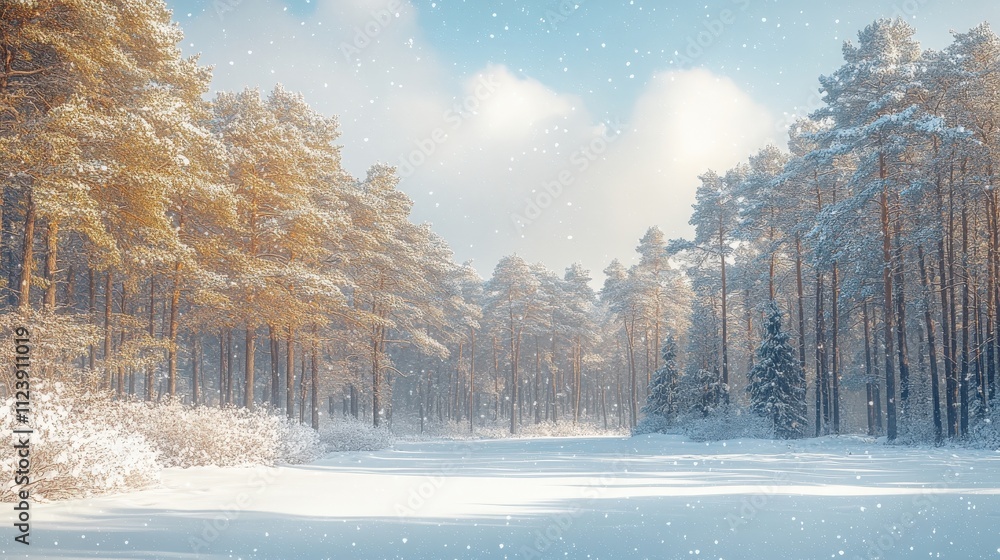 Fototapeta premium A serene winter landscape with snow-covered trees and a tranquil, snowy ground.