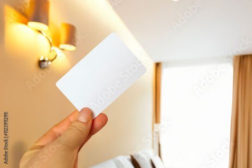 
White hotel card on the background of the apartment, travel, blank white card, blurry hotel room in the background photo