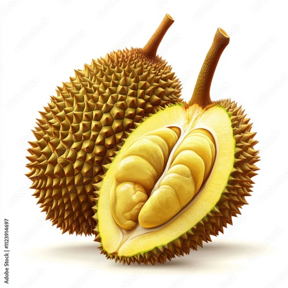 Obraz premium Whole and Sliced Durian Fruit with Spiky Exterior and Creamy White Interior