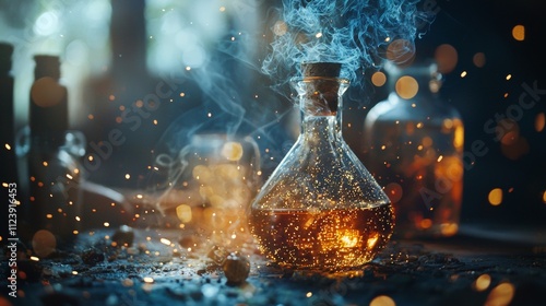 Magic potion bottle with glowing golden particles and smoke photo