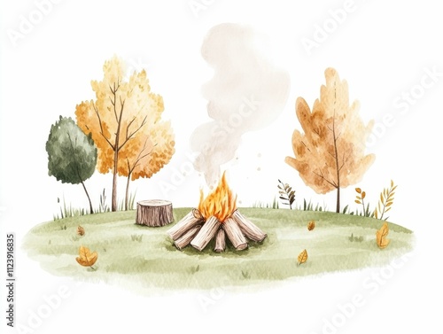 Watercolor depicting a cozy outdoor campfire scene surrounded by autumn trees and warm natural landscape elements  The painting showcases a peaceful rustic setting with a crackling fire wispy smoke