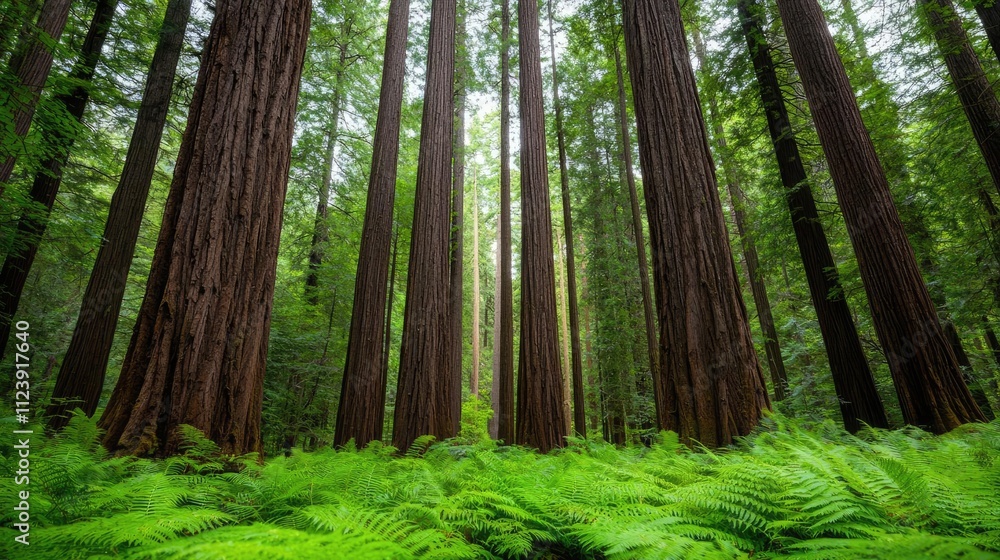 Fototapeta premium A serene forest with towering trees and lush greenery, inviting nature enthusiasts to explore.