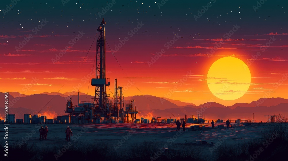 Fototapeta premium Vibrant Sunset Over Oil Rig with Silhouetted Workers and Mountains