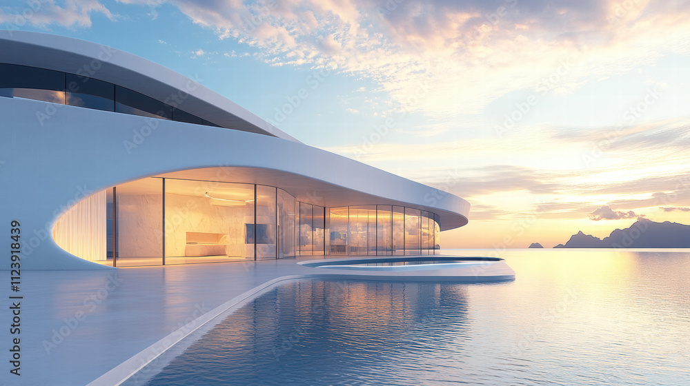 Fototapeta premium White minimalist design villa with a pool on the sea, curved shape, open roof terrace overlooking the ocean