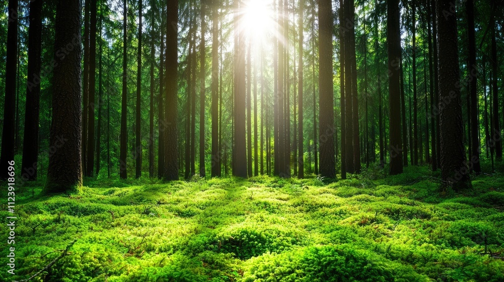 Obraz premium Sunlight filtering through dense trees in a lush green forest landscape.