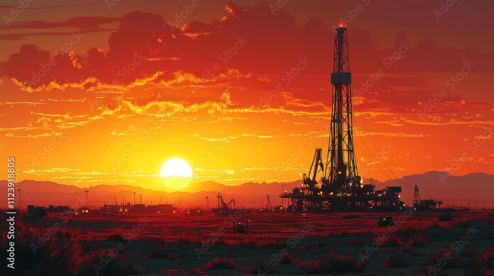 Fototapeta premium Sunrise Over Oil Rig with Beautiful Landscape and Colorful Sky