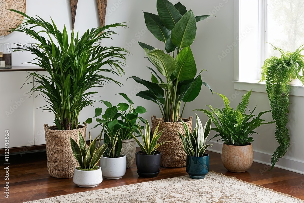 Fototapeta premium Exotic Indoor Plant Display Featuring Palm Ficus Snake Plant Pothos and Fern Collection