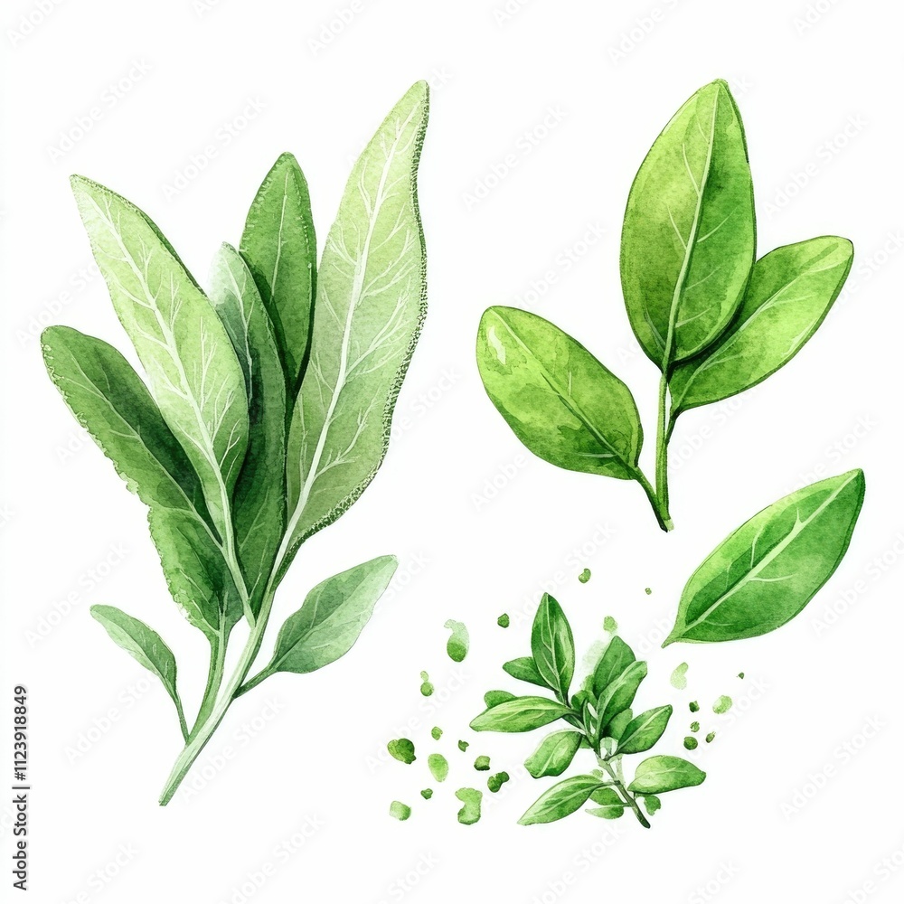 Obraz premium Elegant watercolor showcasing the beautiful details and harmonious green tones of sage and thyme leaves This natural botanical artwork creates a peaceful culinary inspired atmosphere