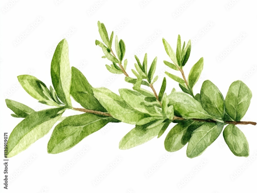 Obraz premium Beautifully rendered watercolor showcasing an arrangement of lush rosemary sprigs and fresh basil leaves in a natural organic style The image evokes a sense of culinary elegance botanical beauty
