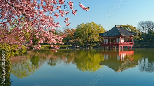 Japanese cherry trees in Hurd Park, Dover, New Jersey, over the four seasons  photo