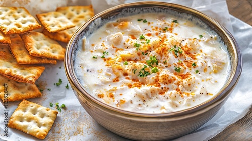 Creamy Seafood Chowder Served with Crackers photo