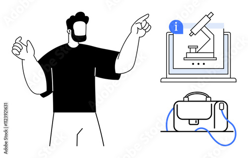 Man pointing towards laptop screen showing microscope information beside a desk with briefcase. Ideal for scientific research, education, technology, presentations, laboratory work, informational