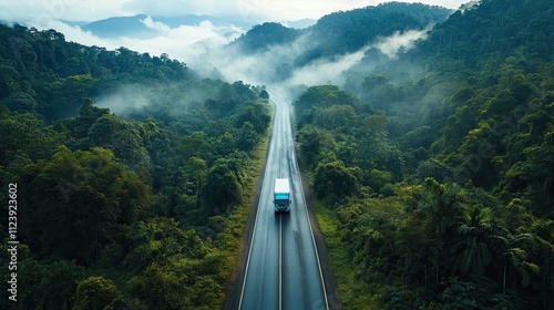 vehicle on a road in the middle of a forest or other natural region that is powered by hydrogen, electricity, or electric vehicles. environmentally friendly travel. To safeguard the environment, use s photo