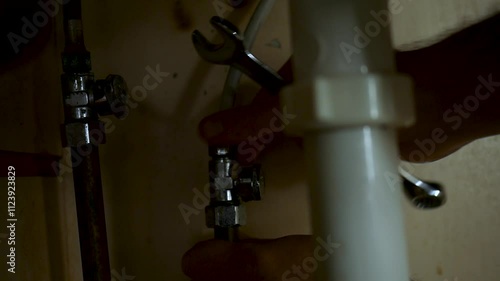 Plumber removes nut from cold hose water supply line under kitchen faucet photo