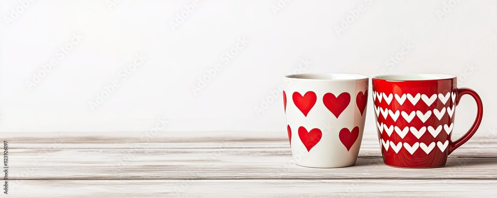Obraz premium Two decorative mugs with hearts on a wooden table against a simple backdrop.
