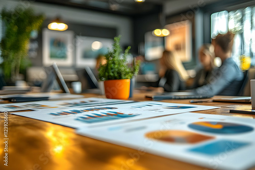 Wallpaper Mural A business meeting with charts and a plant on the table, focusing on teamwork and strategy. Torontodigital.ca