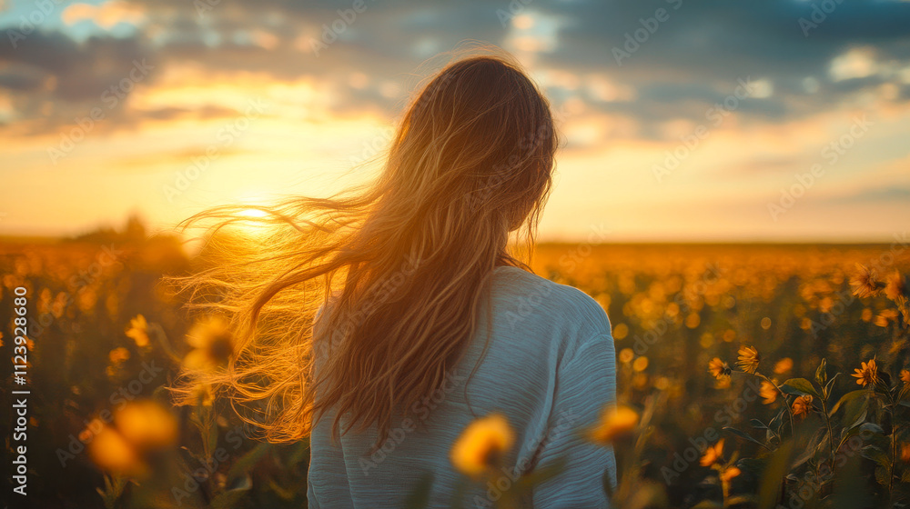 Obraz premium Tranquil Sunset Moment of Woman in Field, Long Flowing Hair and Peaceful Outdoor Setting