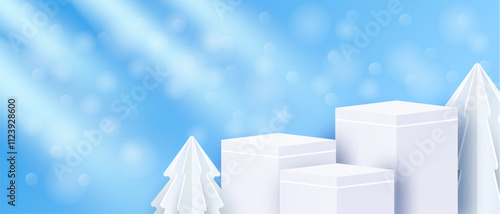 Winter season product display. Design with podium and white snowflakes on blue background. vector.
