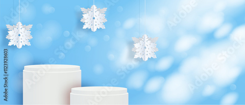 Winter season product display. Design with podium and white snowflakes on blue background. vector.