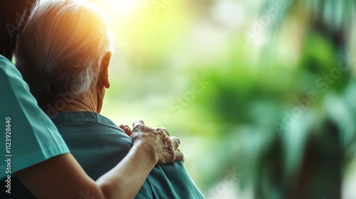 A compassionate healthcare scene with a nurse comforting an elderly patient in a hospice care setting, close-up shot, Compassionate style photo