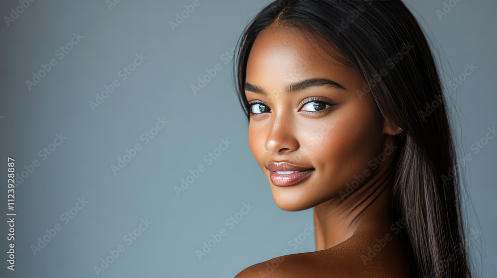 Naklejka premium Confident Woman with Sleek Straight Hair, Minimalist Portrait Against Clean Grey Background